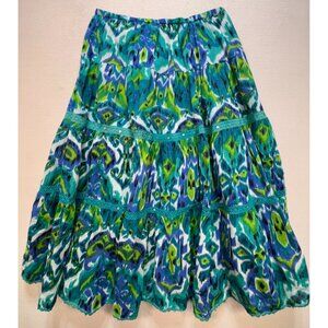 Women's Tiered Broomstick Festival Boho Skirt Stretch Size L Blue Green